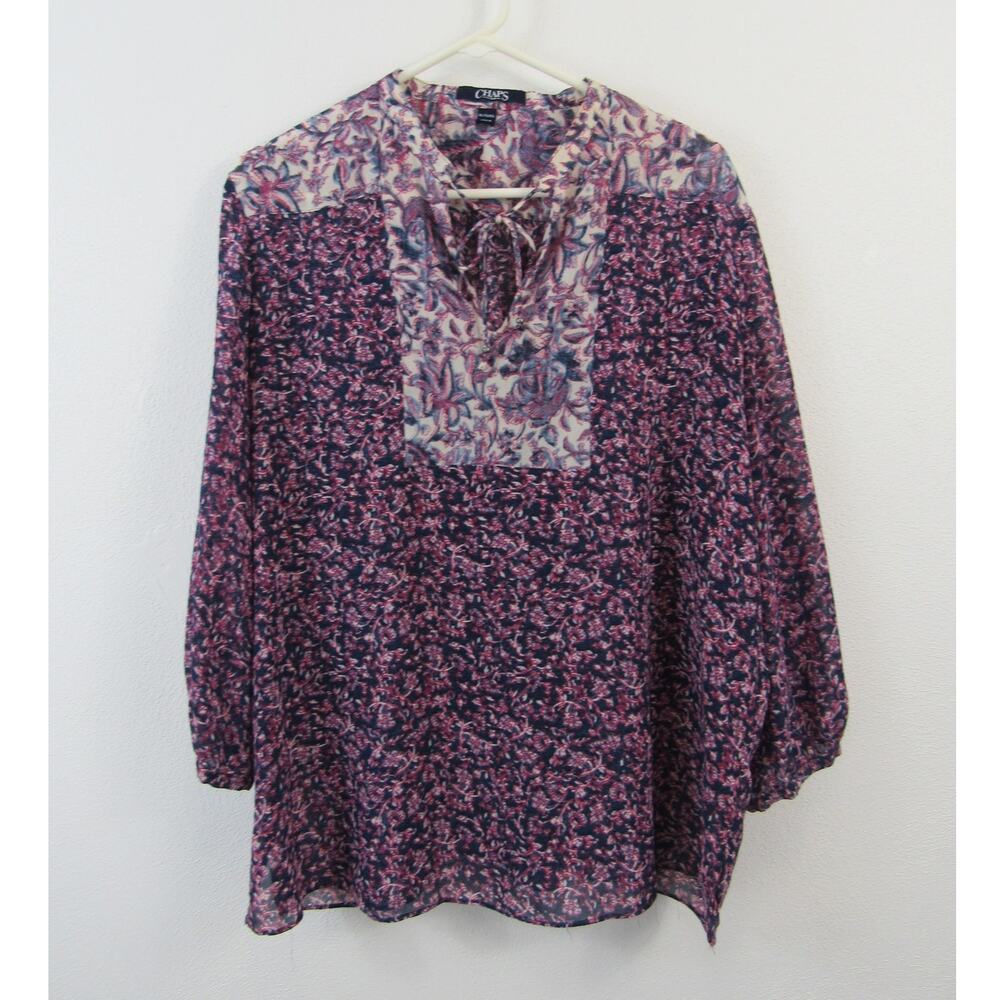 Chaps XL Purple Blue Floral Pattern Peasant Top Cottagecore Casual Contemporary